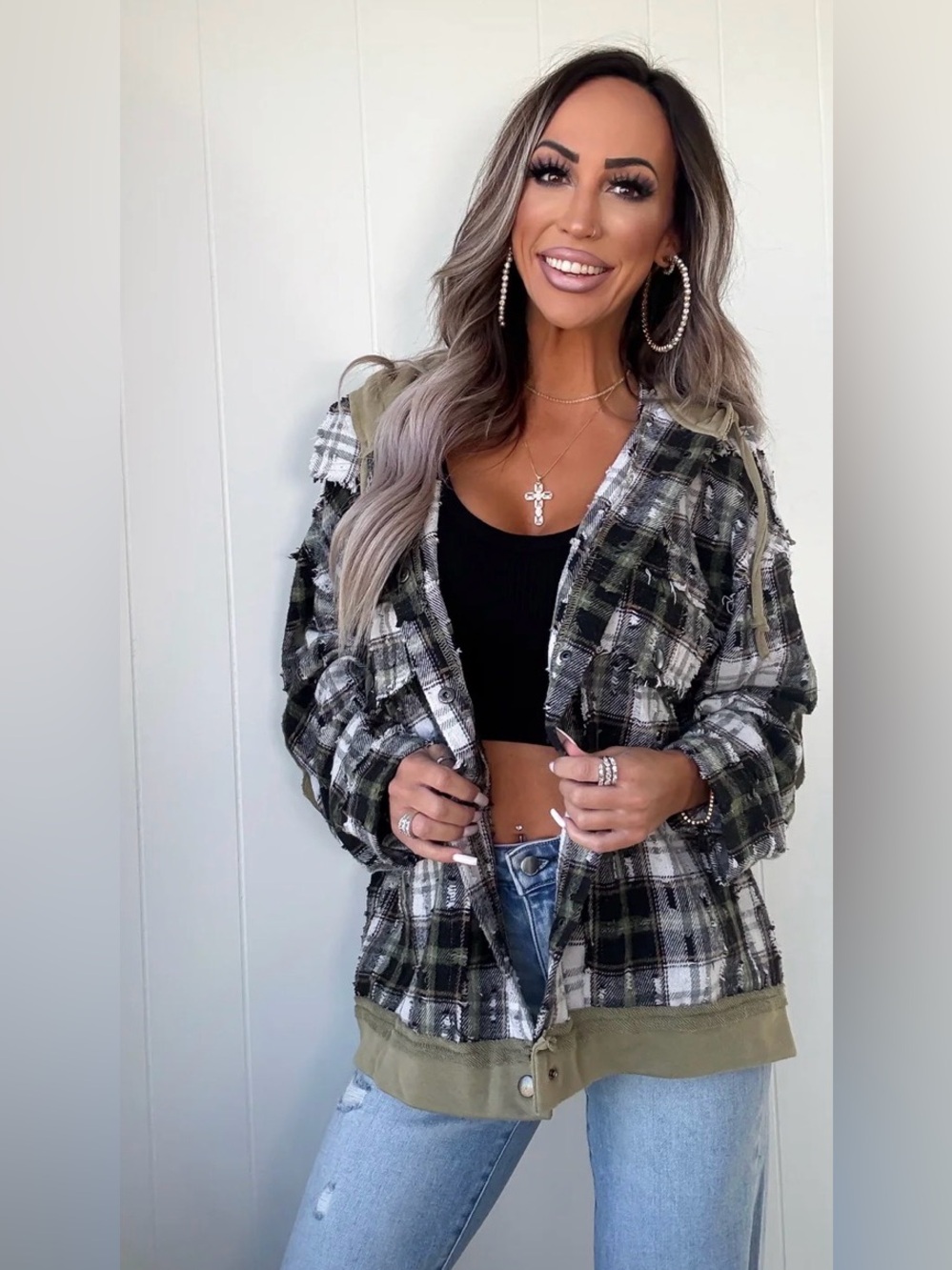 POL Olive and Black Plaid Utility Shacket Size Small